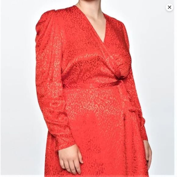 NEW Eloquii Red Leopard‎ Burnout Pattern Wrap Dress with Puff Shoulders, 26 - Picture 4 of 16